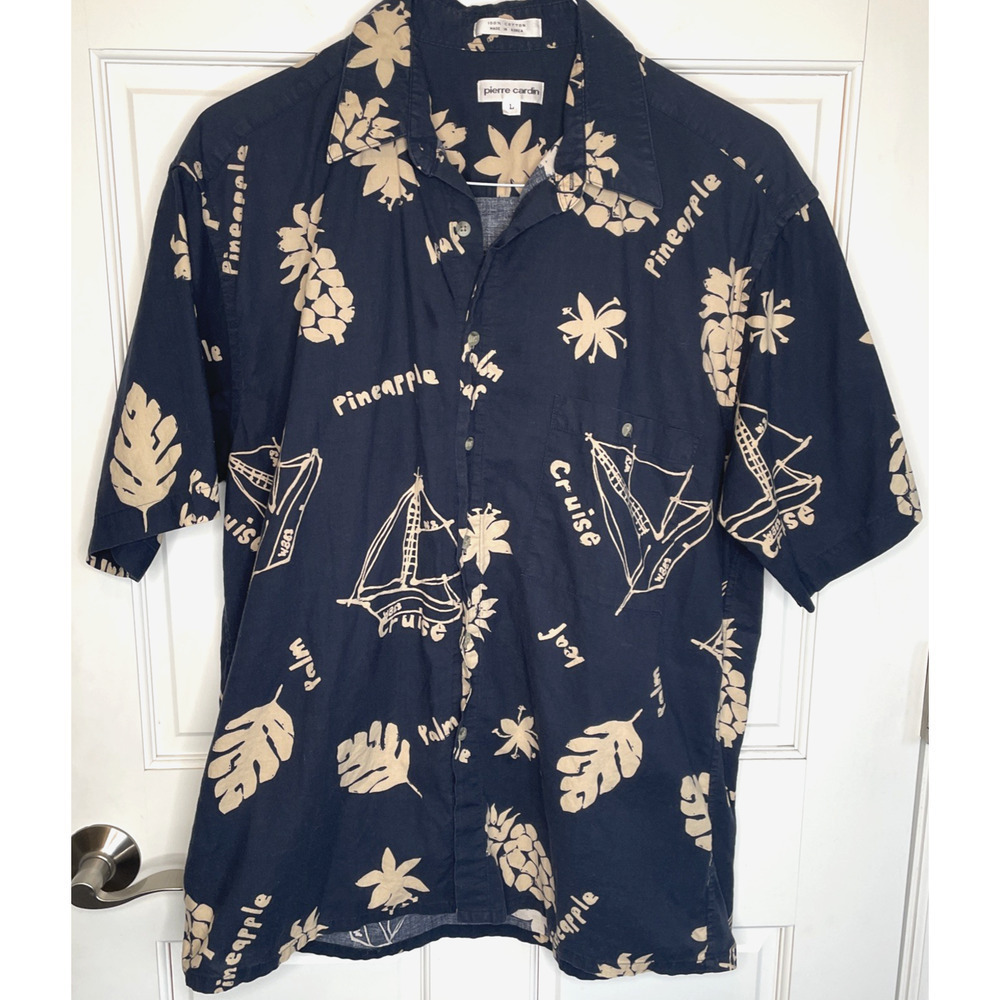 Pierre Cardin Men's Hawaiian Tropical Button Up Shirt Sz L Cotton Navy S/S Slv